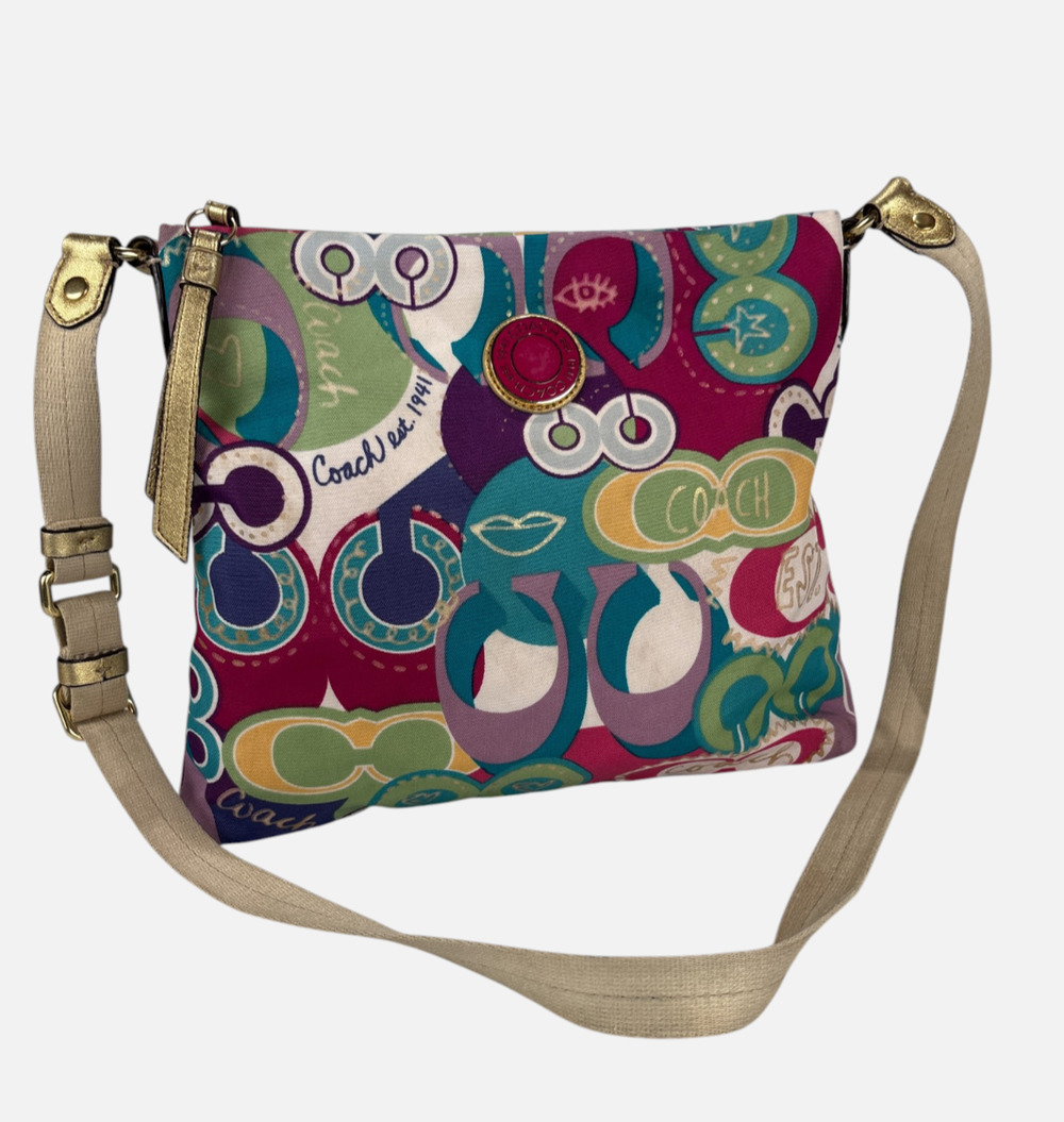 Coach Poppy Signature Canvas Leather Multicolor Shoulder Crossbody Bag Handbag